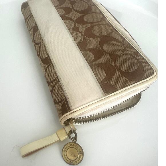 Coach Canvas Leather Zip Long Wallet Brown White Signature Used - Picture 5 of 6